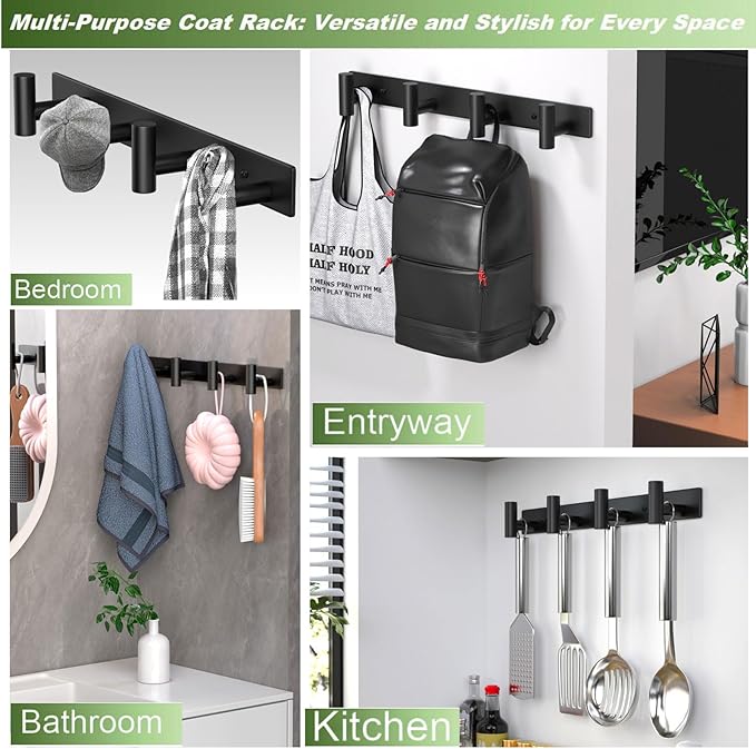Coat Rack Wall Mounted with 4 Hooks, Wall Hooks for Hanging Towel Coat Hat Bag, Heavy Duty, Metal Hat Rack Coat Hanger Towel Hooks Coat Hooks for Entryway Bathroom Kitchen (Black, 2 Packs)