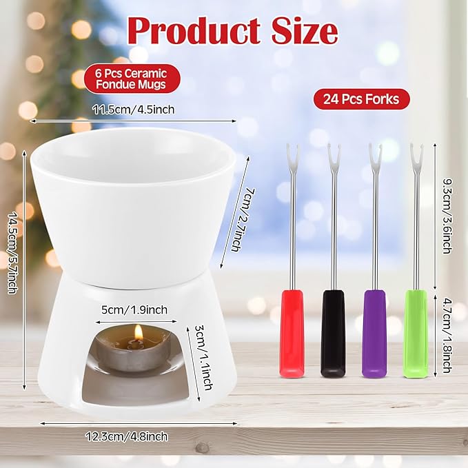 Mudder 6 Pieces Fondue Mug Ceramic Pot and 24 Pieces Forks Set for Melting Chocolate, Cheese, Broth or Tapas on Christmas Gift Valentine's Day(White)