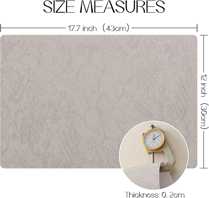 Romanstile Vinyl Placemats Set of 8-12 X 18 Inch - Heat Resistant Non-Slip Embossed Floral Place Mats 100% Waterproof Oilproof Wipeable Faux Leather Table Mats for Kitchen/Dining/Party, LightGrey