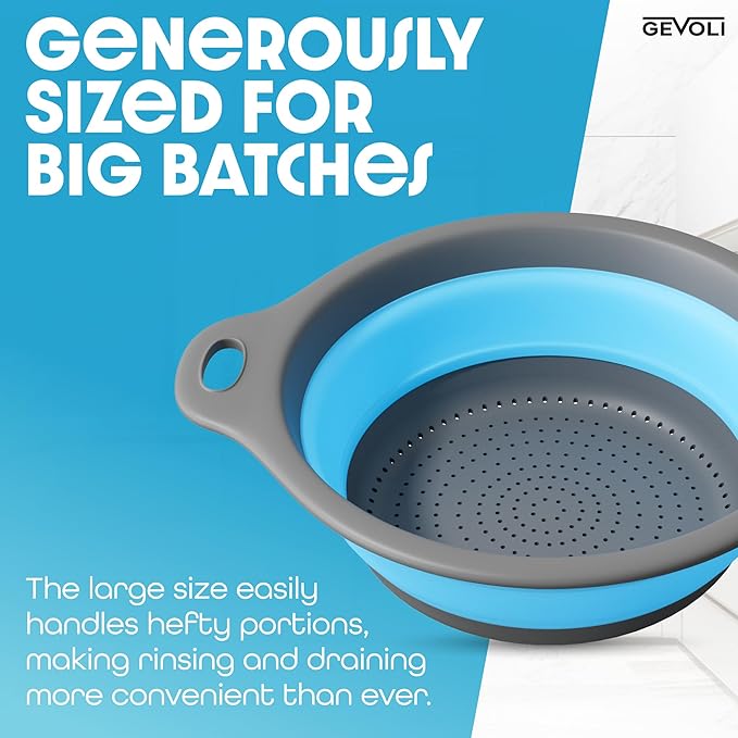 Strainer with Self-Draining Base (5QT) Over-Sink Collapsible Kitchen Colander Set with Side-drain Base for Pasta Vegetables and Fruit, XL Large Capacity, Dishwasher Safe (5-Quart) Blue/Gray