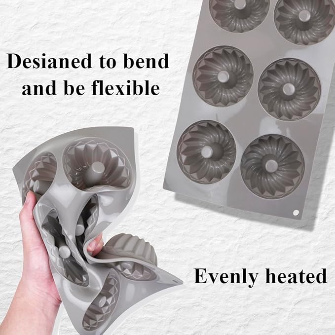 3Pcs Mini Bundt Cake Pans for Baking, 6-Cavity Silicone Bundt Cake Pan Nonstick, Small Bundtlette Cake Silicone Mold for Cupcakes, Donuts, Cornbread, Brownies, Jellies