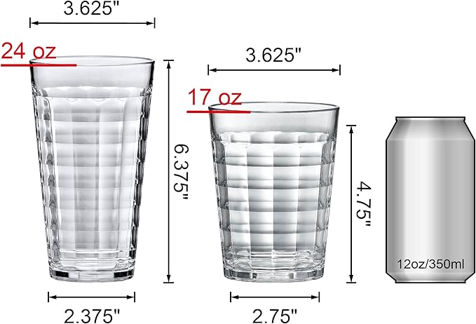 Amazing Abby - Ice Cube - 16-Ounce and 20-Ounce Plastic Tumblers (Set of 12), Plastic Drinking Glasses, All-Clear Reusable Cups, Stackable, BPA-Free, Shatter-Proof, Dishwasher-Safe