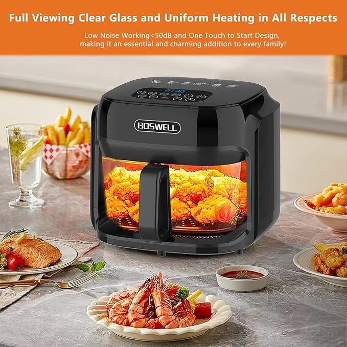 BOSWELL Glass Air Fryer, 7.5QT with Transparent Fry Bowl, Circulating Heating, Temperature Control, Air Fryer Roast, Dishwasher Safe