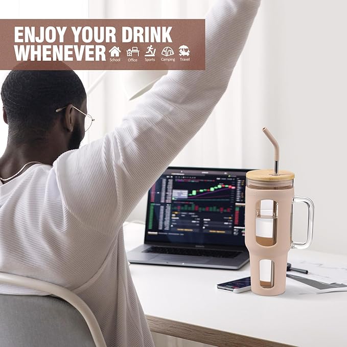 Glass Tumbler with Lid and Straw, 46 oz Iced Coffee Cup with Handle, Large Water Bottles with Silicone Sleeve, Glass Cup with Straws - Pearl Straw & Drinking Straw BPA Free-Amber