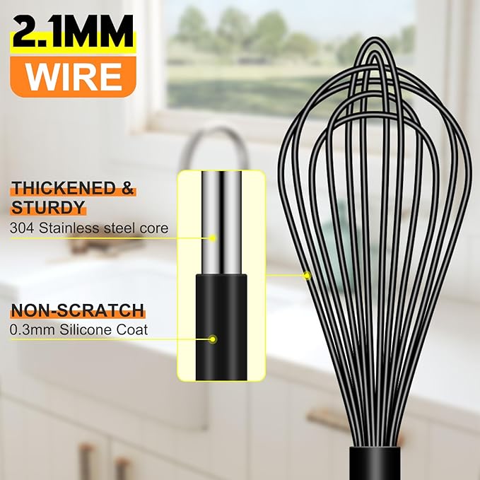 HOTEC 4 Pieces Silicone Whisks Set, Wire Balloon Whisks Egg Beater, Non-slip Handle Whisk for Non-stick Cookware Perfect for Cooking, Stirring, Beating and Blending (Black)