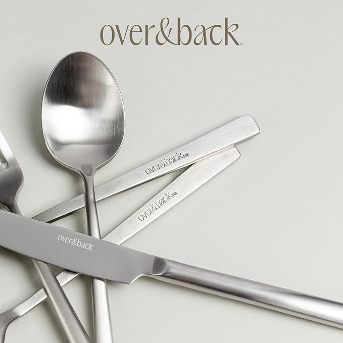 over&back 20pc Modern Flatware Cutlery Set - Comes with 4 Dinner Forks, 4 Salad Forks, 4 Dinner Knives, 4 Dinner Spoons, and 4 Teaspoons - 18/8 Stainless Steel - Dishwasher-Safe - Brushed Stainless