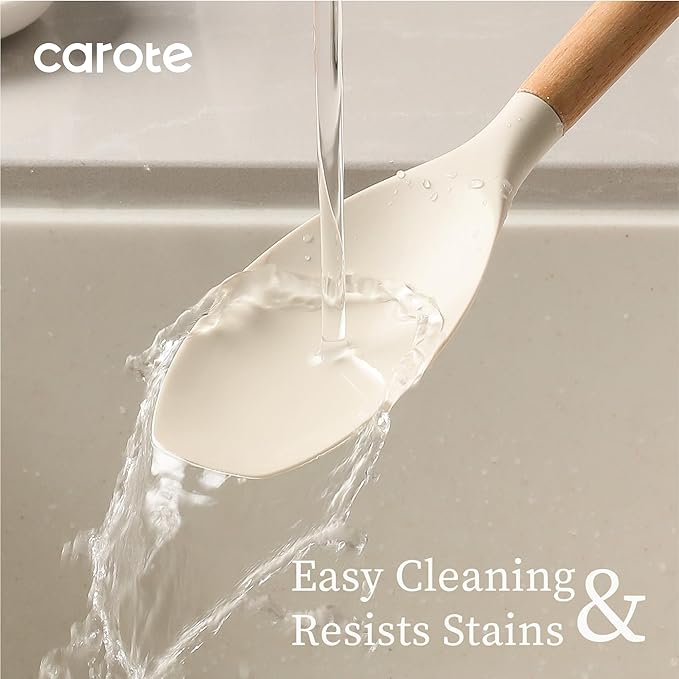 CAROTE Silicone Cooking Utensils Set, Kitchen Utensils Set 10 Pcs for cooking, BPA Free Spatula Set with Heat Resistant Wood Handles for Nonstick Cookware (Cream White)