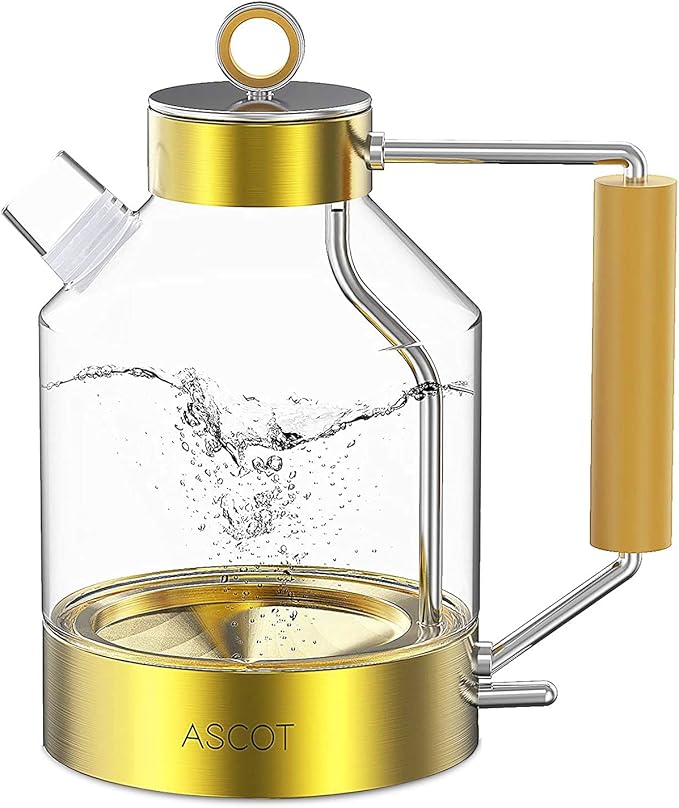 ASCOT Electric Kettle, Glass Electric Tea Kettle Gifts for Men/Women/Family 1.5L 1500W Borosilicate Glass Tea Heater, with Auto Shut-Off and Boil-Dry Protection (Gold)