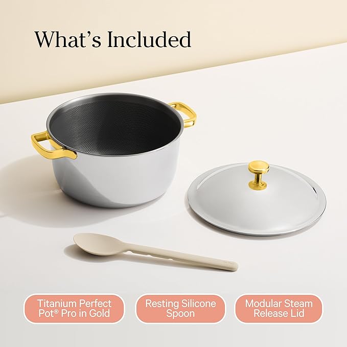 Our Place Titanium Perfect Pot Pro - 6.75 Qt No-Coating Nonstick Stock Pot | Tri-Ply Titanium & Stainless Steel | Oven-Safe up to 750°F & Compatible with All Cooktops | Includes Spoon | Gold
