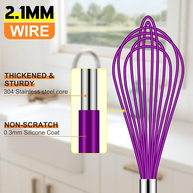 HOTEC 4 Pieces Silicone Whisks Set, Wire Balloon Whisks Egg Beater, Non-slip Handle Whisk for Non-stick Cookware Perfect for Cooking, Stirring, Beating and Blending (Purple)