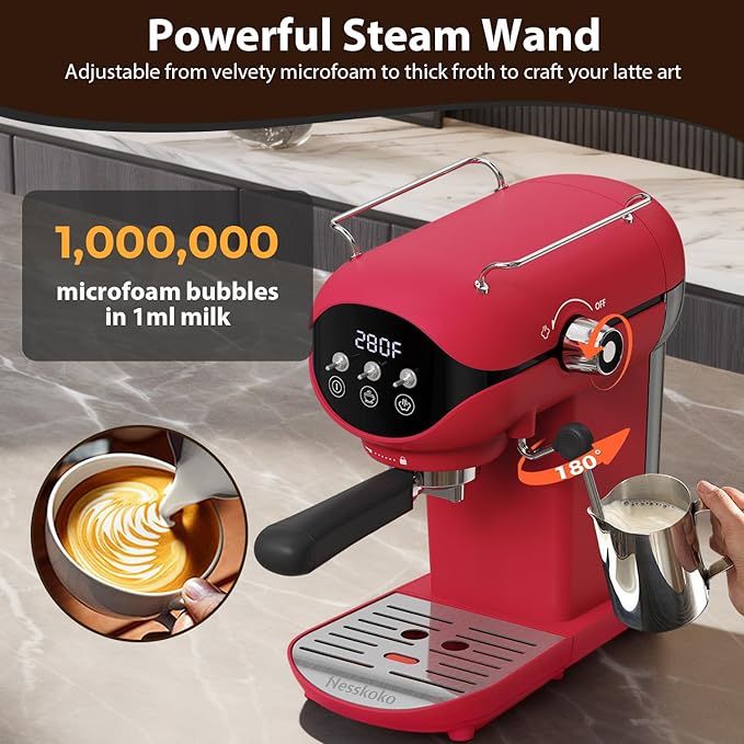 Espresso Machine with Steam Milk Frother Semi Automatic 20 Bar Compact Red with Toggle Switch for home Cafetera Espresso, Latte, Cappuccino, Americano, Macchiato