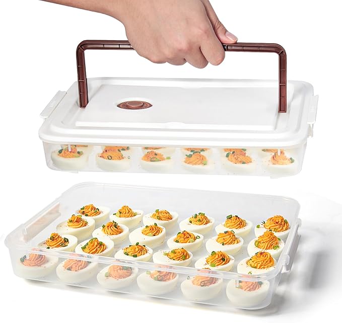 Deviled Egg Containers with Lid, (Set of 2), Plastic Deviled Egg Tray Carrier with Handle for 48 Eggs, Clear Storage Egg Platter for Devil Egg, Fridge Stackable Portable Egg Holder