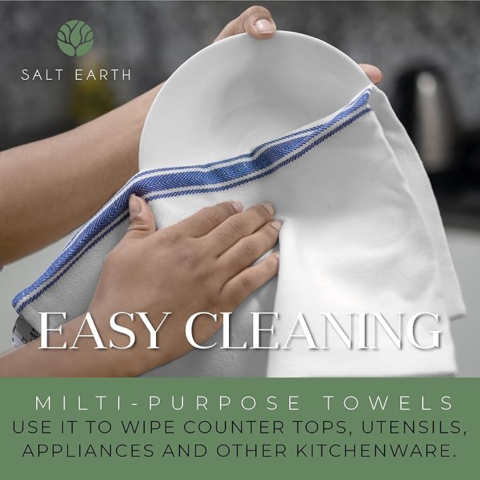 Salt Earth Kitchen Towels Cotton Dish Towel Size 24x14 Inches Set of 12 100% Ring Spun Cotton Absorbent Quick Dry Herringbone Weave Lint Free Washable Dishcloth Hanging Loop Color White & Blue Stripe