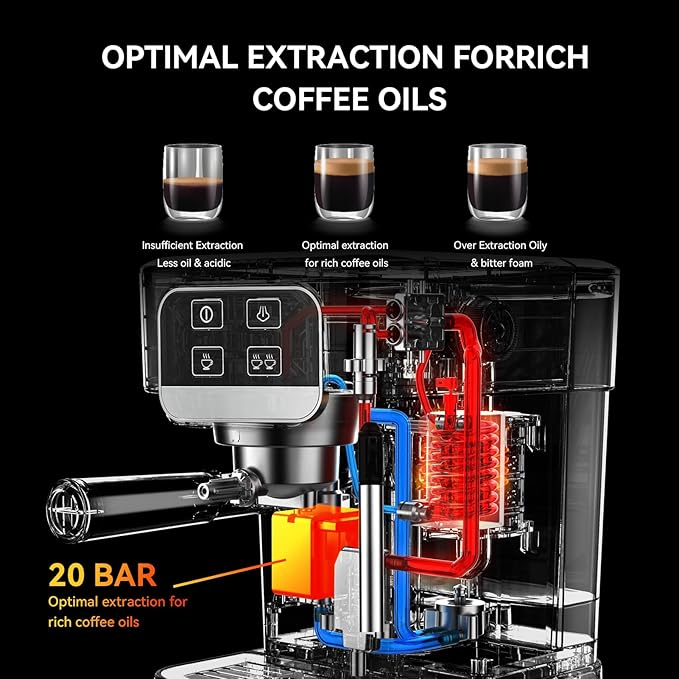 TEM612 Espresso Machine 20 Bar with Steam Milk Frother, Stainless Steel Coffee Machine with Removable Water Tank for Cappuccino,Latte, Compact Stainless Steel Coffee maker for home