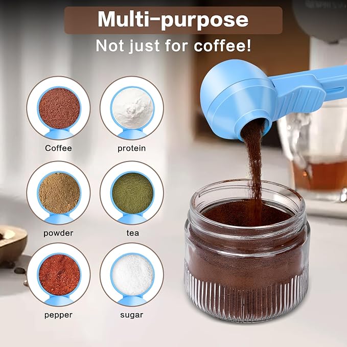 2-in-1 Coffee Scoop with Funnel, 2 Teaspoon Measuring Spoon for Reusable K Cups, Ground Coffee, Protein Powder & Tea, Mess-Free Plastic Design (Light Blue)