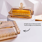 Glass Butter Dish with Lid for Countertop, Champagne Color Crystal Covered Butter Stick Holder Tray, Glass Butter Storage Container for Refrigerator
