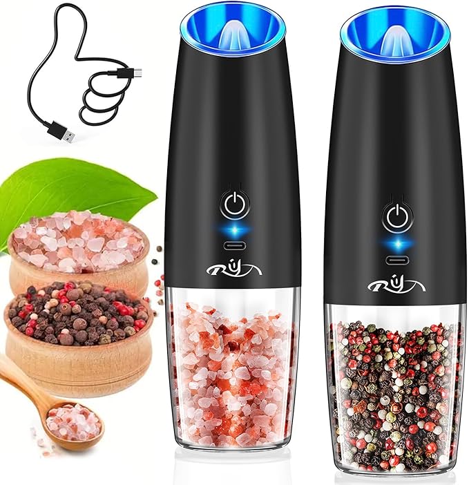 Rongyuxuan Upgraded Rechargeable Gravity Electric Salt and Pepper Grinder Set with LED lights,Stainless Steel Automatic Pepper or Salt Grinder Mill Shaker Refillable with Adjustable Coarseness,Black