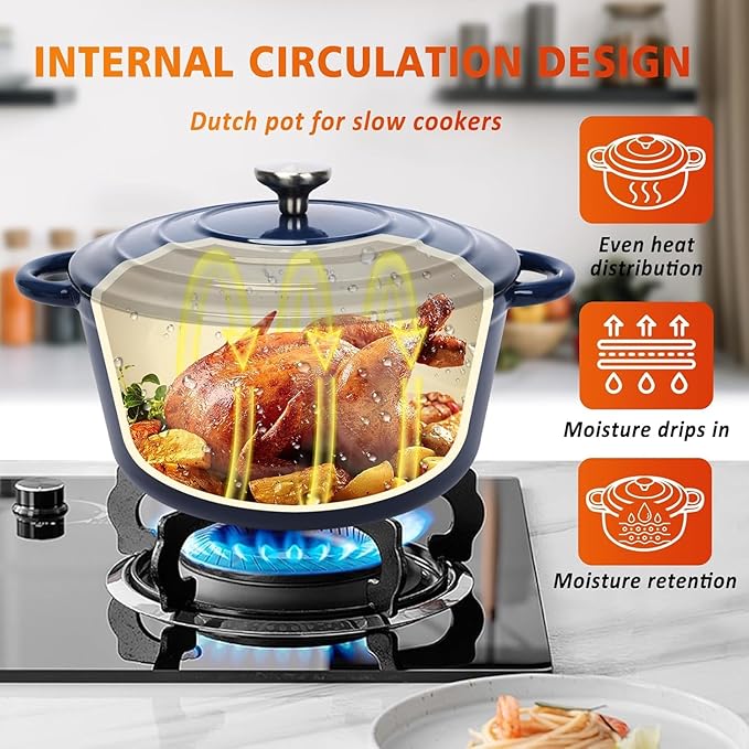 Hisencn Enameled Cast Iron Cookware Set - 7 Piece Set of Dutch Ovens, Sauce Pan, Skillet, 3 Lids, Dutch Oven Set, Ceramic Coated Cast Iron, Heavy Duty, Gas/Induction Compatible (Navy)