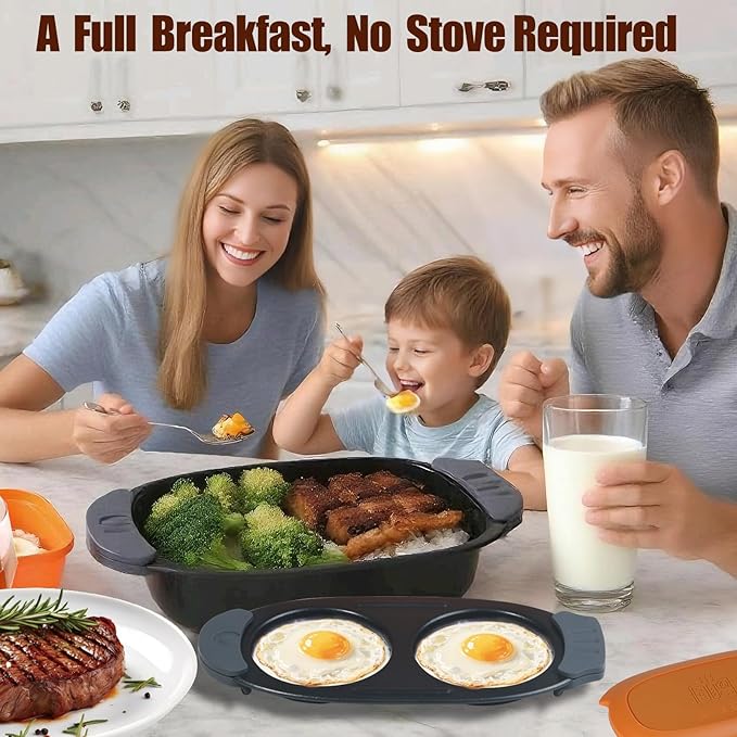 Quick-Heat Microwave Egg Cooker and 33 OZ Microwave Grill Combo | 2-Piece Breakfast Maker Set for Grilling, Frying, Crisping Meat, Bacon, Pancakes & Veggies | Dishwasher Safe & Non-Stick for Kitchen RV, Dorm, Office(Orange)