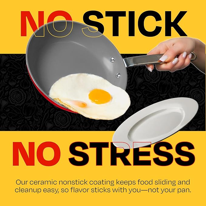 Guy Fieri's Flavortown 15-Piece Ceramic Cookware Set, Nonstick Pots and Pans for Cooking, Easy-Clean Kitchen Cookware, Made without PFAS PTFE PFOA, Induction Compatible, Oven & Dishwasher Safe, Red