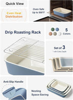 LE TAUCI Deep Casserole Dishes for Oven, 13.7”x9.6” Ceramic Baking Dish Set with Roasting Racks, Large Lasagna Pans with Handles, Rectangular Bakeware as Gift for Mom, Dusty Blue (4.6QT/3.0QT/1.6QT), Set of 3