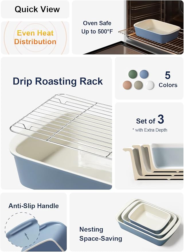 LE TAUCI Deep Casserole Dishes for Oven, 13.7”x9.6” Ceramic Baking Dish Set with Roasting Racks, Large Lasagna Pans with Handles, Rectangular Bakeware as Gift for Mom, Dusty Blue (4.6QT/3.0QT/1.6QT), Set of 3