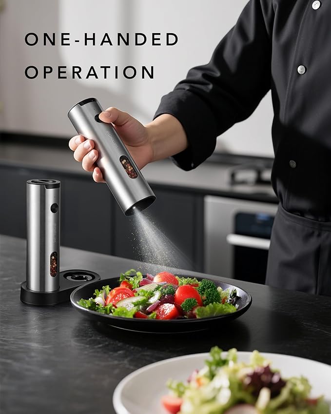 FORLIM Electric Salt and Pepper Grinder Set Rechargeable, Auto Salt and Pepper Grinder set with Charging Base, Adjustable Coarseness, LED Light, Automatic Salt Grinder Refillable,Pepper Shakers Set