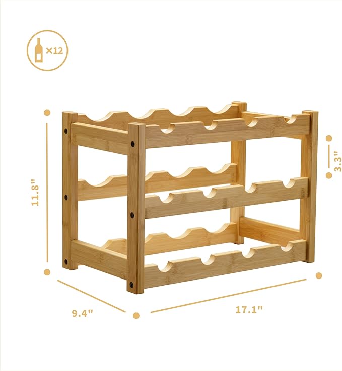 VASMIA Bamboo Wine Rack, Sturdy and Durable Wine Storage Cabinet Shelf, Wine Racks Countertop for Pantry,Kitchen,3-Tier 12 Bottles Wine Rack Natural