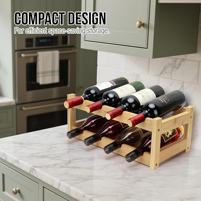 Bamboo Wine Rack, 2-Tier 8 Bottles Wine Storage Cabinet Shelf, Easy-Assembly Freestanding Bamboo Wine Racks Countertop for Kitchen Pantry Dining Room Bar, Natural