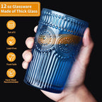 6pcs Vintage Drinking Glasses Set, 12 oz Blue Highball Glasses, Embossed Ribbed Glassware Cups for Cocktail, Water, Juice, Coffee, Whiskey