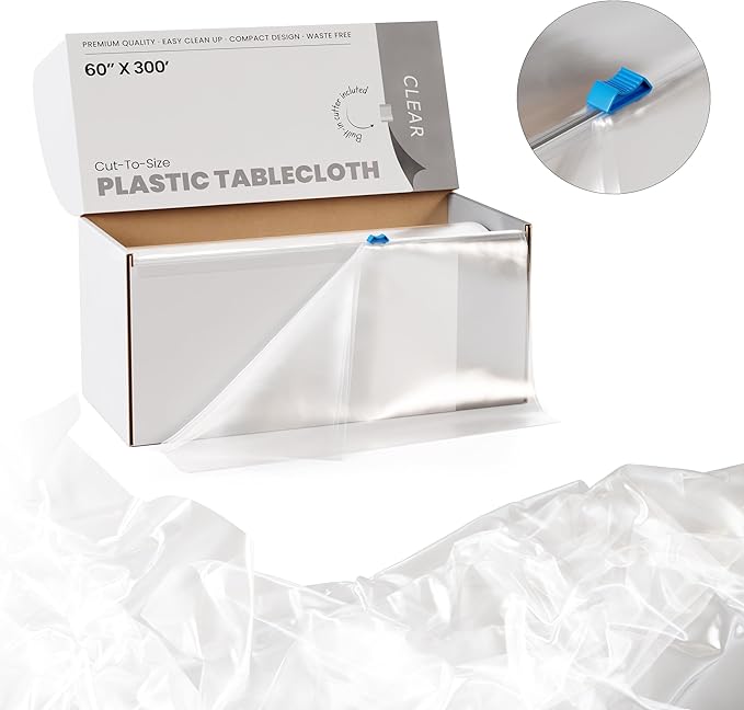 Exquisite Party Solids 60 Inch X 300 Feet Clear Plastic Table Cover Roll in A Cut - to - Size Box with Convenient Slide Cutter. Cuts Up to 36 Rectangle 8 Feet Plastic Disposable Tablecloths