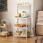 Kitchen Bakers Rack with Storage Shelves, Small Coffee Bar Cart with 8 Hooks, 4 Tiers Microwave Stand Station with Adjustable Shelves, Freestanding Kitchen Appliance Organizer, White