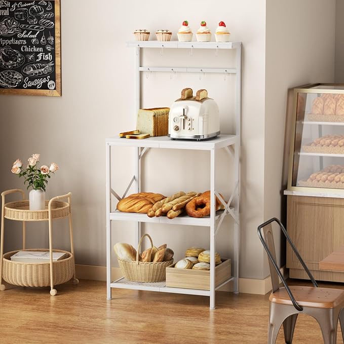 Kitchen Bakers Rack with Storage Shelves, Small Coffee Bar Cart with 8 Hooks, 4 Tiers Microwave Stand Station with Adjustable Shelves, Freestanding Kitchen Appliance Organizer, White