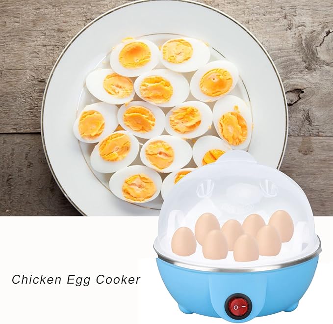 Chicken Egg Cooker Make Up to 7 Large Boiled Eggs Anti Dry Burning Automatic Power Off Egg Poacher with Heating Plate for Hard, Soft & Poached Eggs(Blue)