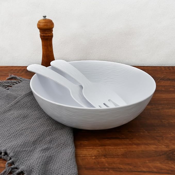 TP Melamine Salad Bowl with Utensils, 12-Inch Large Serving Bowl for Fruits Snacks Pasta, White