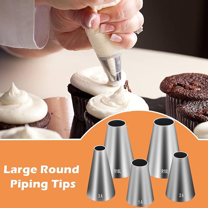 Hendiy 5 Pieces Large Round Piping Tip, Stainless Steel Piping Tips Professional Cake Decorating Tips Set, Frosting Tip Cake Icing Tools for Cupcakes Cakes Cookies