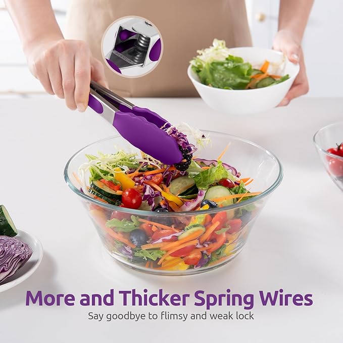 600ºF Heat Resistant Kitchen Tong: U-Taste 7 inch Silicone Cooking Tong with Firm Sealed Non Stick Rubber Tips & Silicon Coated 18/8 Stainless Steel Handle & Smooth Locking for Serving Salad (Purple)