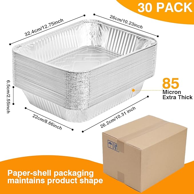 Gladify Aluminum Foil Pans 9x13 Disposable Baking Pans 30 Pack Heavy Duty Half Size Tin Foil Trays for Steam Table, Roasting, Cooking, Heating, Freezing Food