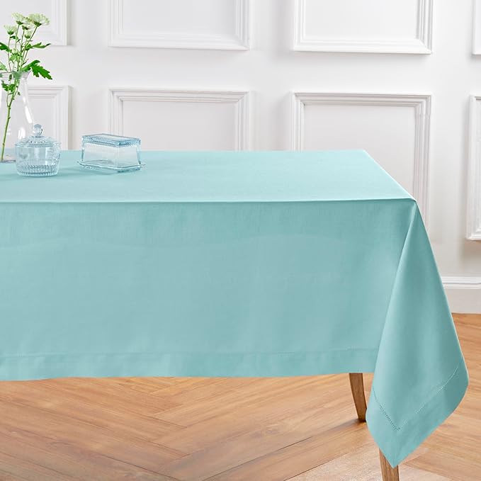 Solino Home Linen Tablecloth for Rectangle Tables 60 x 120 Inch - Classic Hemstitch 100% Pure Linen Aqua Blue Table Cloth - Machine Washable Cloth Tablecloth for Summer