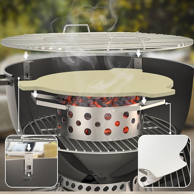 Skyflame Charcoal Heat Controller for 22”/26” Kettle Grills, Stainless Steel BBQ Smoking Gilling Kit with Ceramic Heat Deflector Plate - U.S. Design Patent, Turns Your Charcoal Grill Into a Smoker