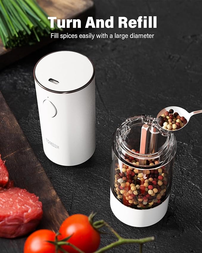 TOMEEM Upgraded Larger Capacity Electric Salt and Pepper Grinder Set Rechargeable with LED lights, Stainless Steel Automatic Pepper and Salt Grinder Refillable with 5 Adjustable Coarseness White