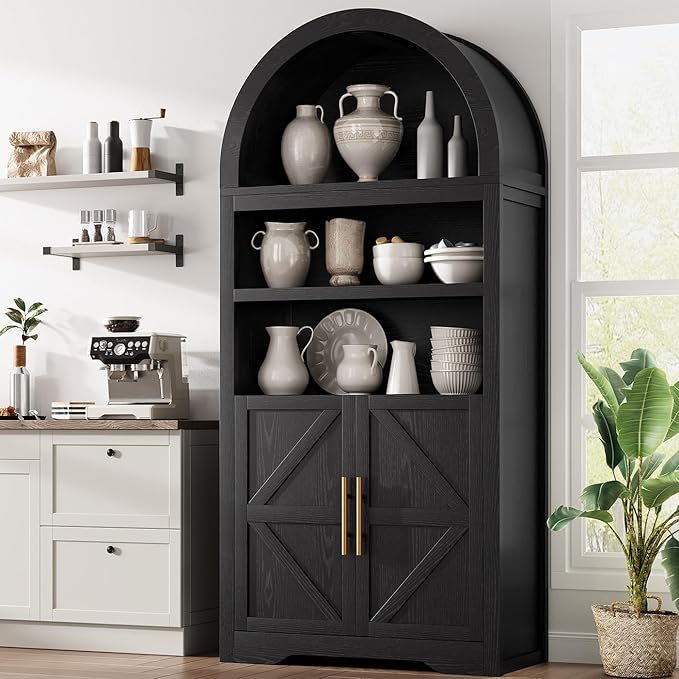 Kitchen Pantry Cabinet, Arched Bookshelf Bookcase China Pantry Storage Cabinet with Doors and Shelves,71“ Tall Food Pantry Funiture for Living Room,Dining Room (Black)
