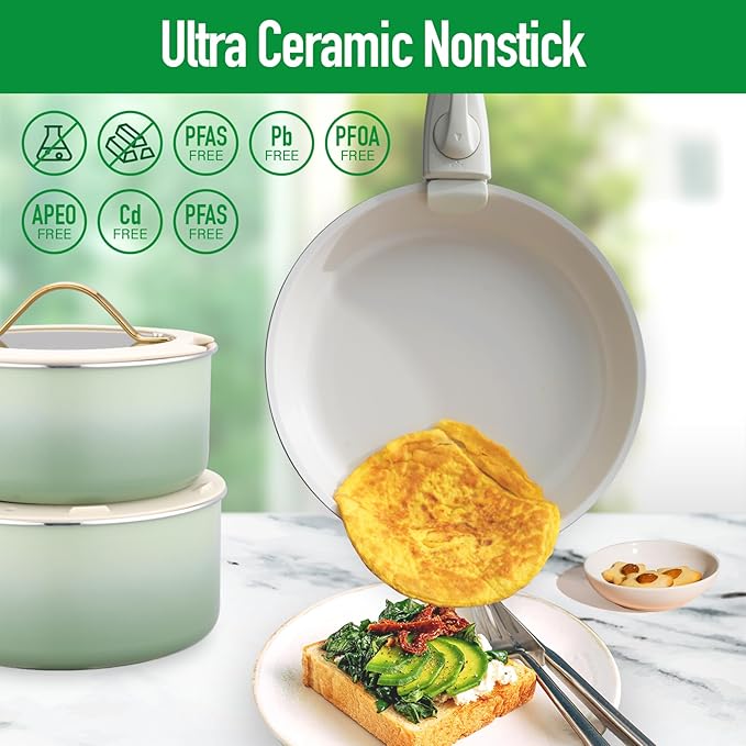 20pcs Ceramic Cookware Set Nonstick, Detachable Handle Pots and Pans Set, Non Toxic,No PFAS & PTFE & PFOA, Dishwasher/Oven Safe, RV Kitchen Set Removable Handle for Cooking, Green
