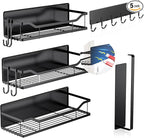5 Pack Multifunctional Magnetic Shelves for Refrigerator Spice Rack & Washing Machine Organize, Include Paper Towel Holder, Kitchen Utensil Hanger and Hooks, Strong Magnet for Secure Hold (Black)