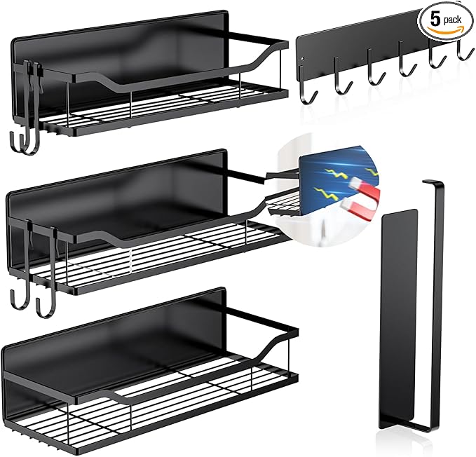 5 Pack Multifunctional Magnetic Shelves for Refrigerator Spice Rack & Washing Machine Organize, Include Paper Towel Holder, Kitchen Utensil Hanger and Hooks, Strong Magnet for Secure Hold (Black)