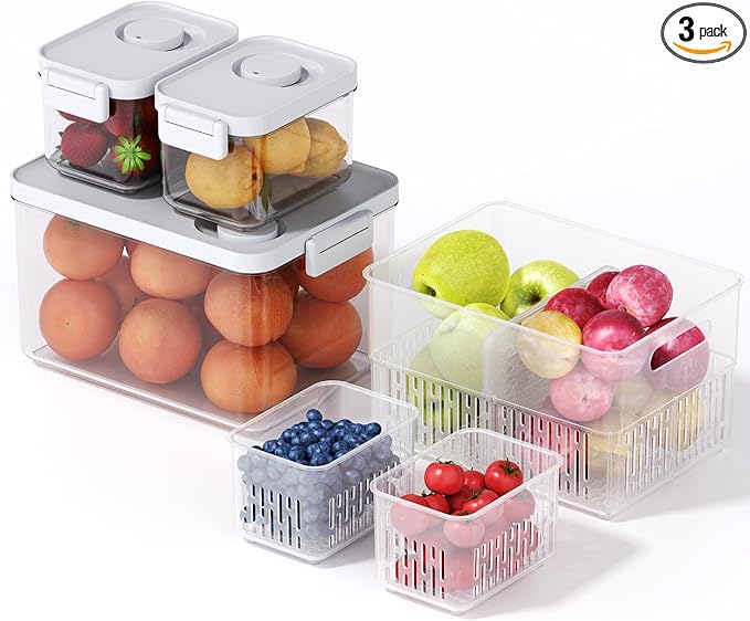 vacane 3 Pack Produce Saver with Removable Colanders, Clear Fruit Containers for Fridge Dishwasher Safe Lettuce Keeper Berry Containers, Keep Vegetable Food Fresh