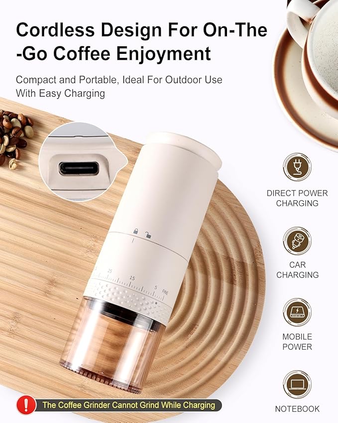 Portable Cordless Burr Coffee Grinder, Electric Conical Bur Espresso Grinder with 38 External Adjustable Grind Settings, Battery Display Panel, Rechargeable Small Coffee Bean Mill For Travel