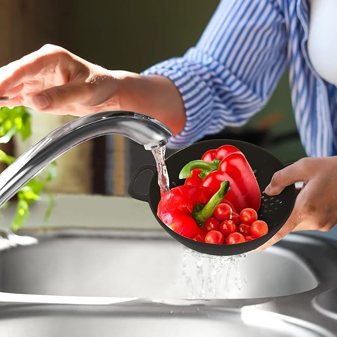 Meadow Lane 6-inch Small Colander, BPA-Free, Dishwasher Safe, Double Handles, Compact Food Strainer for Berries, Veggies and Pasta, 3-Cup Capacity, Glossy Black