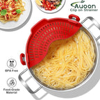 Large AUOON Clip on Strainer for All Pots and Pans - Oversized Silicone Pot Strainer Family-Style Design Pasta Strainer Kitchen Colander for Spaghetti and Noodles | Dishwasher Safe
