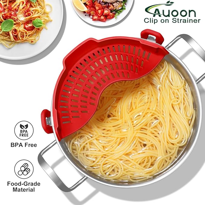 Large AUOON Clip on Strainer for All Pots and Pans - Oversized Silicone Pot Strainer Family-Style Design Pasta Strainer Kitchen Colander for Spaghetti and Noodles | Dishwasher Safe